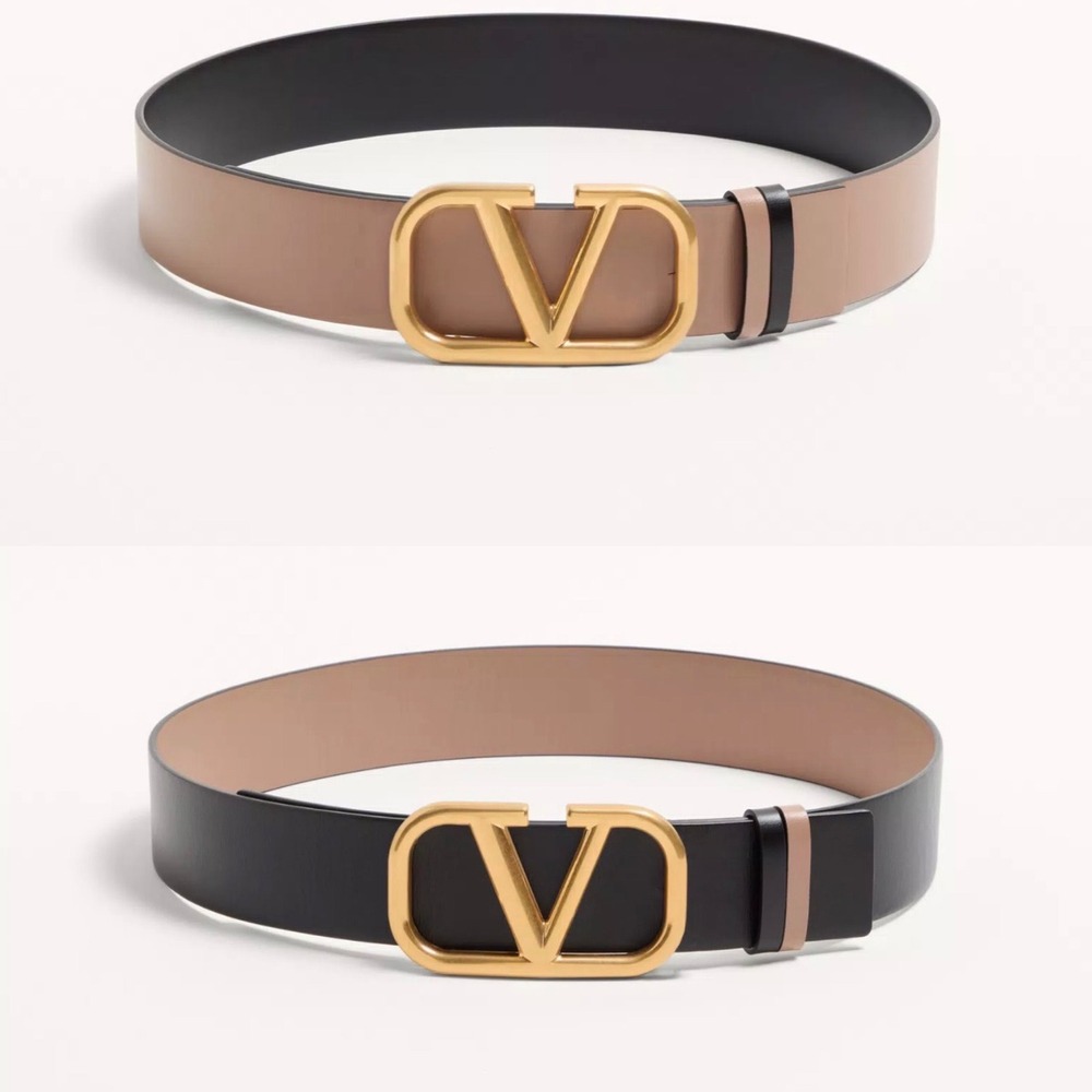 Valentino Garavani VLogo Reversible Leather Belt Black Clay Gold Buckle NEW